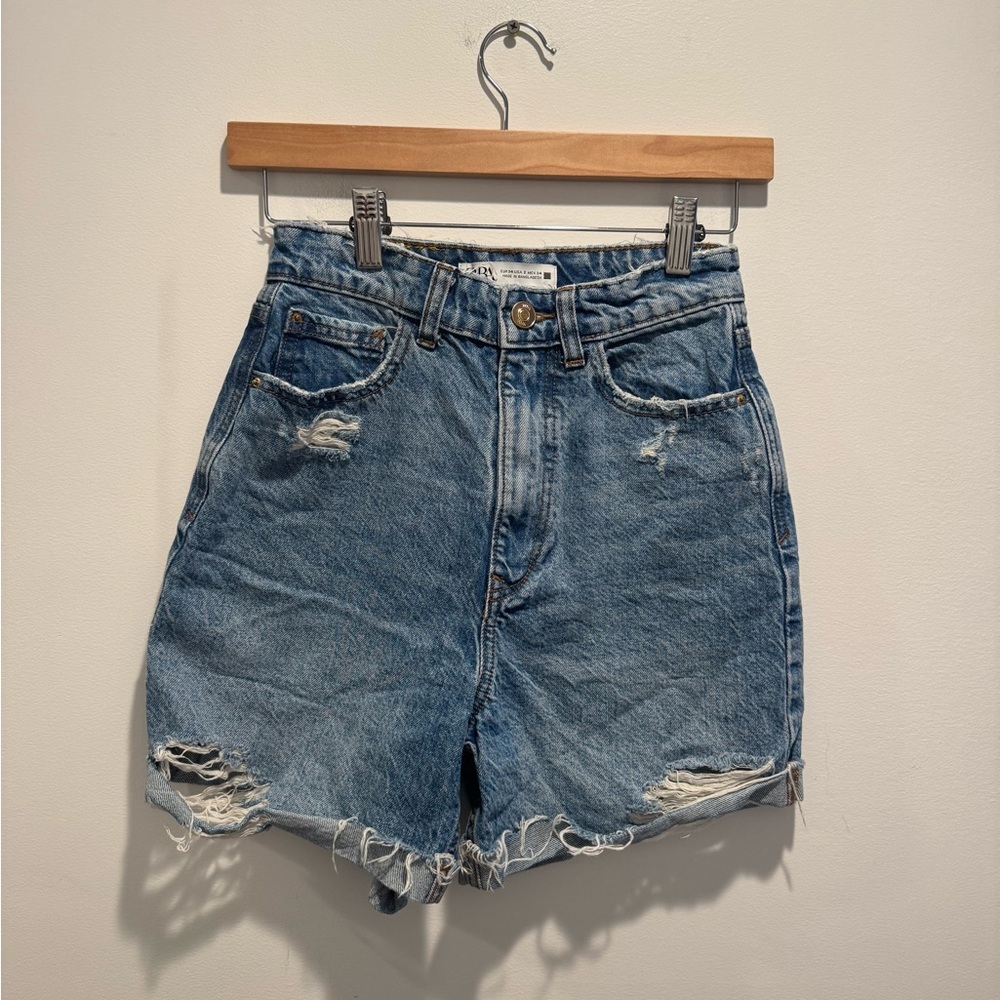 Zara High-Waist Distressed Denim Shorts 2